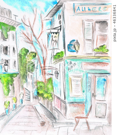 Paris street. The facade of the cafe. illustration. Watercolor Paris street. The facade of the cafe. illustration. Watercolor 46336841