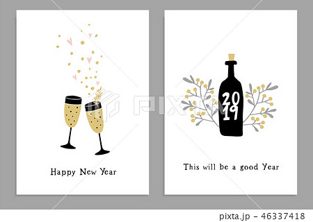 Set of Happy New Year greeting cards, party invitations with hand drawn wine glasses, bottle and 46337418