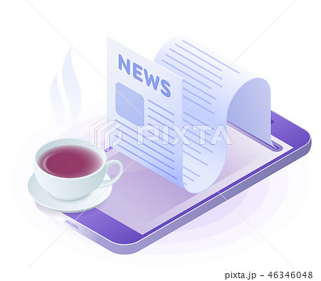 The smartphone, newspaper, cup of tea. 46346048