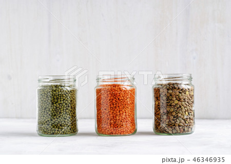 Dried Mung beans, and lentils in glass jars 46346935