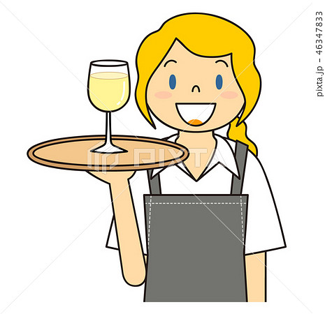 外国人女性 グラスワインを運ぶカフェ店員さんのイラスト素材