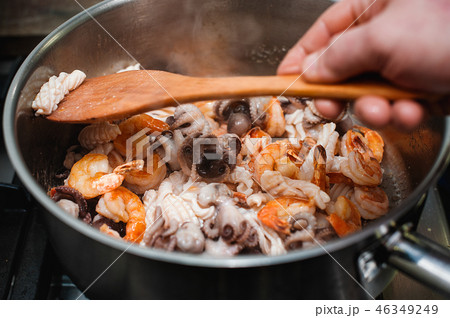 Stir fried mixed seafood. Shrimp,squid and octopus 46349249