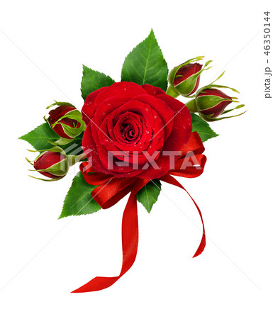 Festive bouquet with red rose flower and silk bow 46350144
