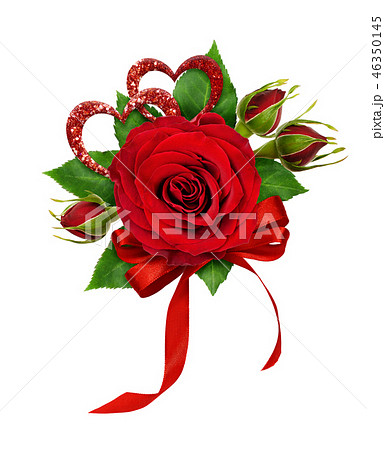 Festive bouquet with red rose flowers and hearts Festive bouquet with red rose flowers and hearts 46350145