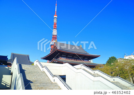 晴天下の増上寺と東京タワー 46352402
