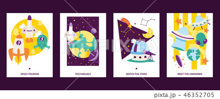 Space science cards set. Flying rockets. Space tourism. Technoogy. Watch the stars. Meet the uknown 46352705