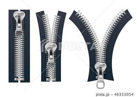 Set of different metallic fasteners, open and closed zippers on white Set of different metallic fasteners, open and closed zippers on white 46353054