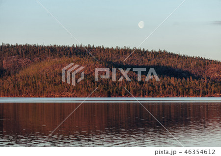 North Russian lake landscape on sunset, Murmansk region 46354612