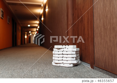 Carton pizza box left at the door, pizza delivery Carton pizza box left at the door, pizza delivery 46355657