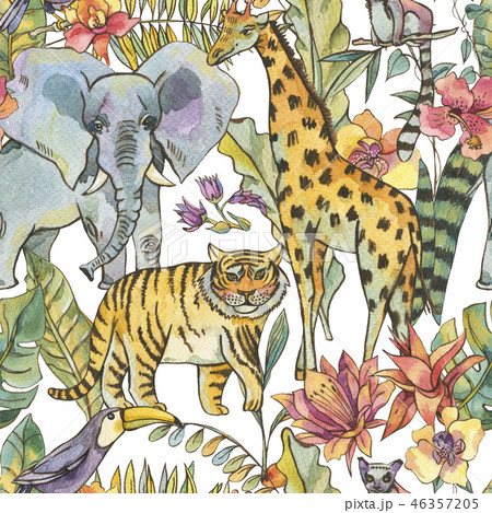 Watercolor jungle seamless pattern, Natural Exotic Tropical text Watercolor jungle seamless pattern, Natural Exotic Tropical text 46357205