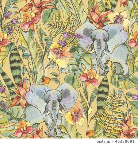 Watercolor jungle seamless pattern, Flowers of orchids, liana an Watercolor jungle seamless pattern, Flowers of orchids, liana an 46358091