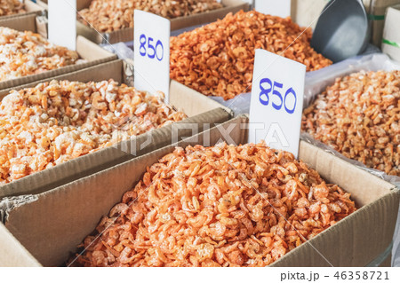 Dried shrimp in bucket for sale in Thai market 46358721