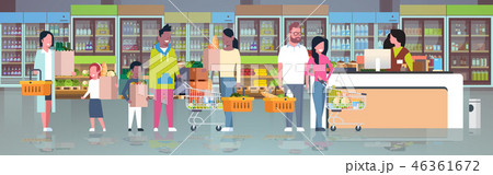 retail woman cashier at checkout supermarket mix race customers holding basket with food standing retail woman cashier at checkout supermarket mix race customers holding basket with food standing 46361672