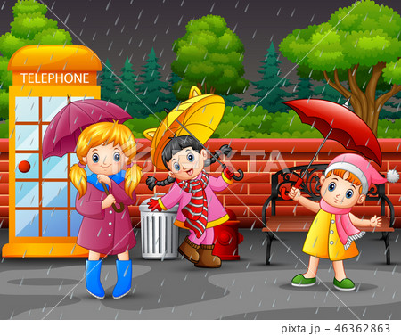 Cartoon three girl carrying umbrella Cartoon three girl carrying umbrella 46362863