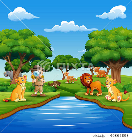 Cartoon boy explorer with animals by the river - Stock Illustration  [46362893] - PIXTA