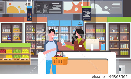 retail woman cashier at checkout supermarket giving receipt bill man customer holding basket with 46363565