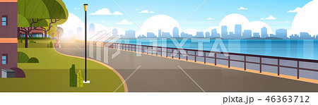 modern city empty quay urban cityscape skyscrapers background view of road river and downtown early 46363712