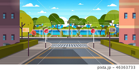 city street buildings empty downtown road urban park river green trees wooden benches cityscape 46363733