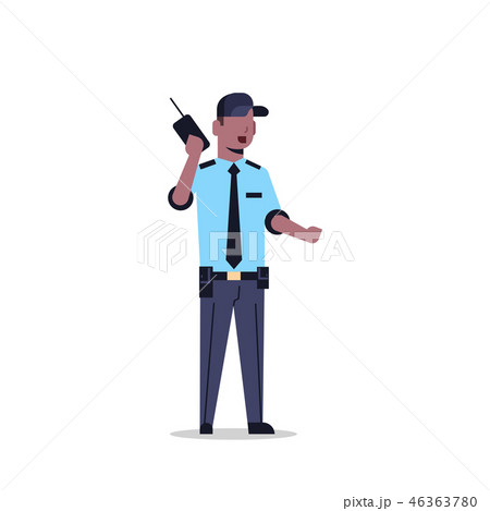 african american security guard man in uniform holding radio police officer speaking walkie talkie african american security guard man in uniform holding radio police officer speaking walkie talkie 46363780