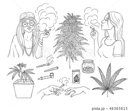 Vector Cannabis Smoking Symbols Sketch Icon Setのイラスト素材