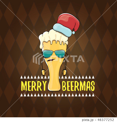 Merry beermas vector christmas greeting card with beer glass cartoon character and red santa hat 46377252