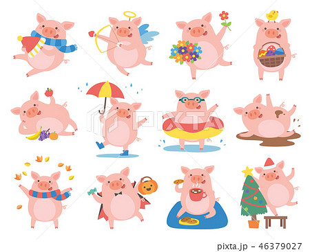 Cute Pig In Different Situations のイラスト素材