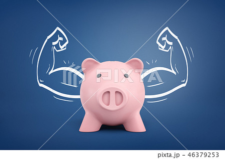 3d rendering of a piggy bank front view with strong arms drawn on both sides on a blue background. 46379253