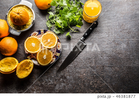 Fresh oranges juicer juice and tropical fruits. 46381877