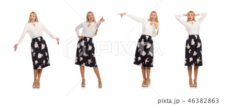 Pretty girl in black skirt with flowers isolated on white Pretty girl in black skirt with flowers isolated on white 46382863