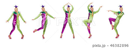 Woman wearing clown costume isolated on white Woman wearing clown costume isolated on white 46382896