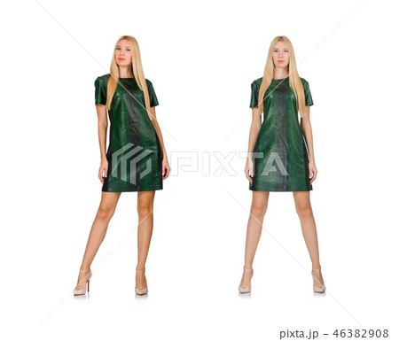 Young woman in green dress isolated on white 46382908