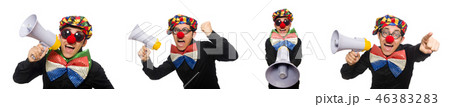 The clown with loudspeaker isolated on white The clown with loudspeaker isolated on white 46383283