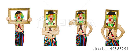 Clown with picture frame isolated on white Clown with picture frame isolated on white 46383291
