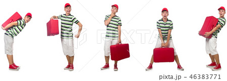 Young man with red suitcase isolated on white Young man with red suitcase isolated on white 46383771