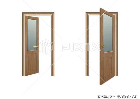 Vector Realistic Different Opened and Closed Brown Wooden Door Icon Set Closeup Isolated on White 46383772