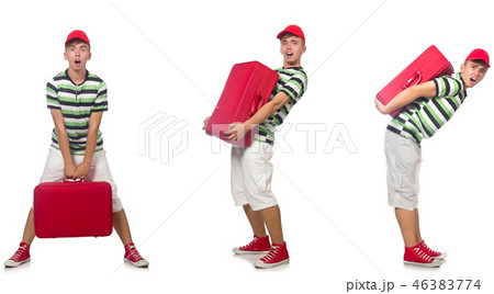 Young man with red suitcase isolated on white  46383774