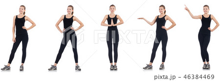 Young woman doing exercises isolated on white Young woman doing exercises isolated on white 46384469