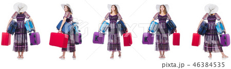 Young woman with suitcases isolated on white Young woman with suitcases isolated on white 46384535