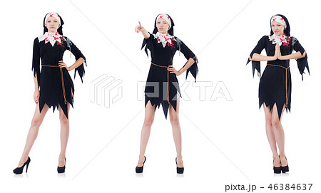 Young beautiful nun in short dress isolated on white Young beautiful nun in short dress isolated on white 46384637