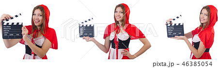 Young woman waiter with movie board isolated on white Young woman waiter with movie board isolated on white 46385054