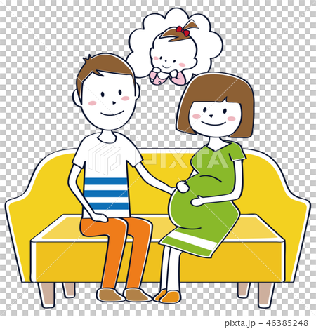 幸福孕婦和她的丈夫想像一個女嬰坐在沙發上 46385248