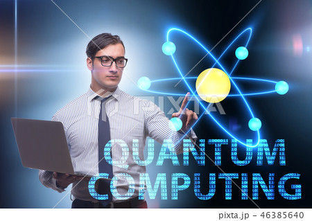 Businessman pressing virtual button in quantum computing concept 46385640