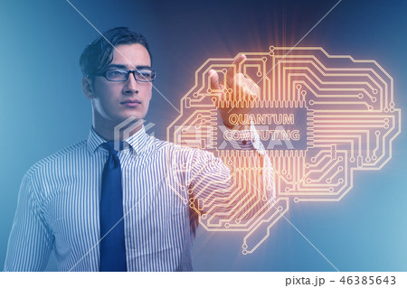 Businessman pressing virtual button in quantum computing concept 46385643
