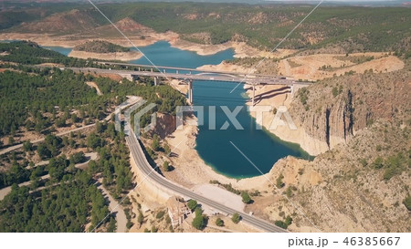 Aerial view of Viaducto de Contreras, highway bridge in mountainous area of Spain Aerial view of Viaducto de Contreras, highway bridge in mountainous area of Spain 46385667