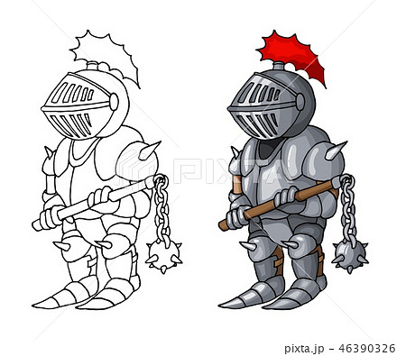 Cartoon medieval confident knight with morgenstern, isolated on white background 46390326