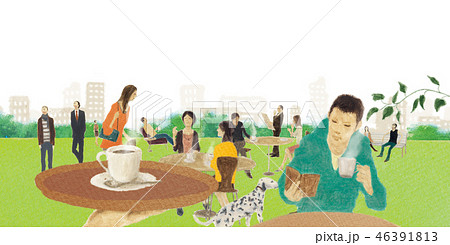 カフェ 公園でコーヒーを飲む人たちのイラスト素材
