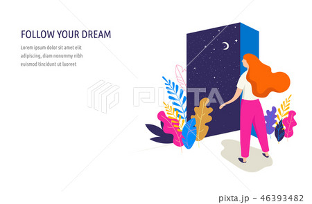 Feminine concept illustration, beautiful woman opens the door with a night sky view. Character 46393482