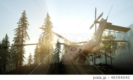 old rusted military helicopter in the forest  46394040