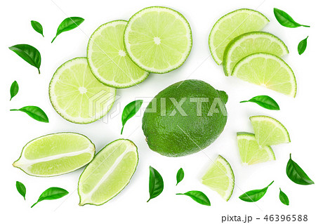 sliced lime with leaves isolated on white background. Top view. Flat lay pattern sliced lime with leaves isolated on white background. Top view. Flat lay pattern 46396588