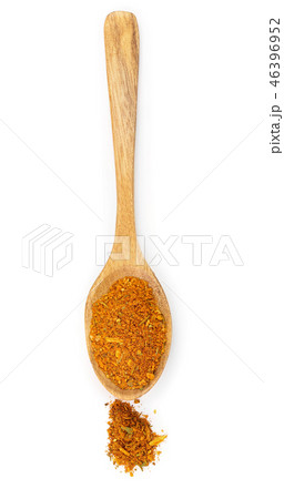 Mixed spices on wooden spoon isolated on white background. Top view. Flat lay Mixed spices on wooden spoon isolated on white background. Top view. Flat lay 46396952